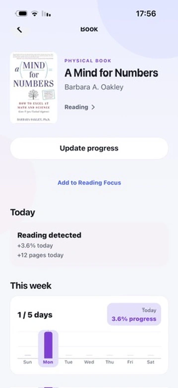 EverRead Book detail: Physical-book progress and recent reading activity
